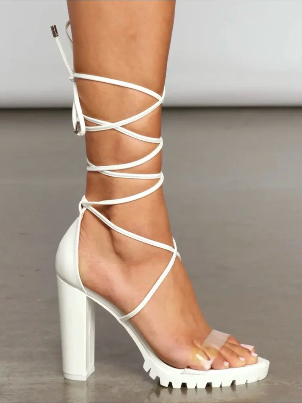 Sexy White Lace-Up Clear Strap Block Heel Sandals - Women Size 8